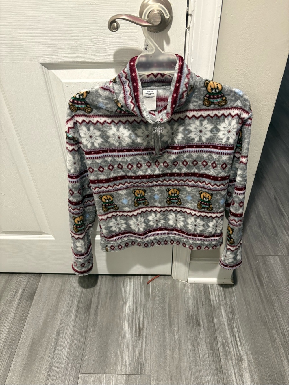 No Boundaries Grey Fair Isle Teddy Half-Zip Sweater with Red Accents